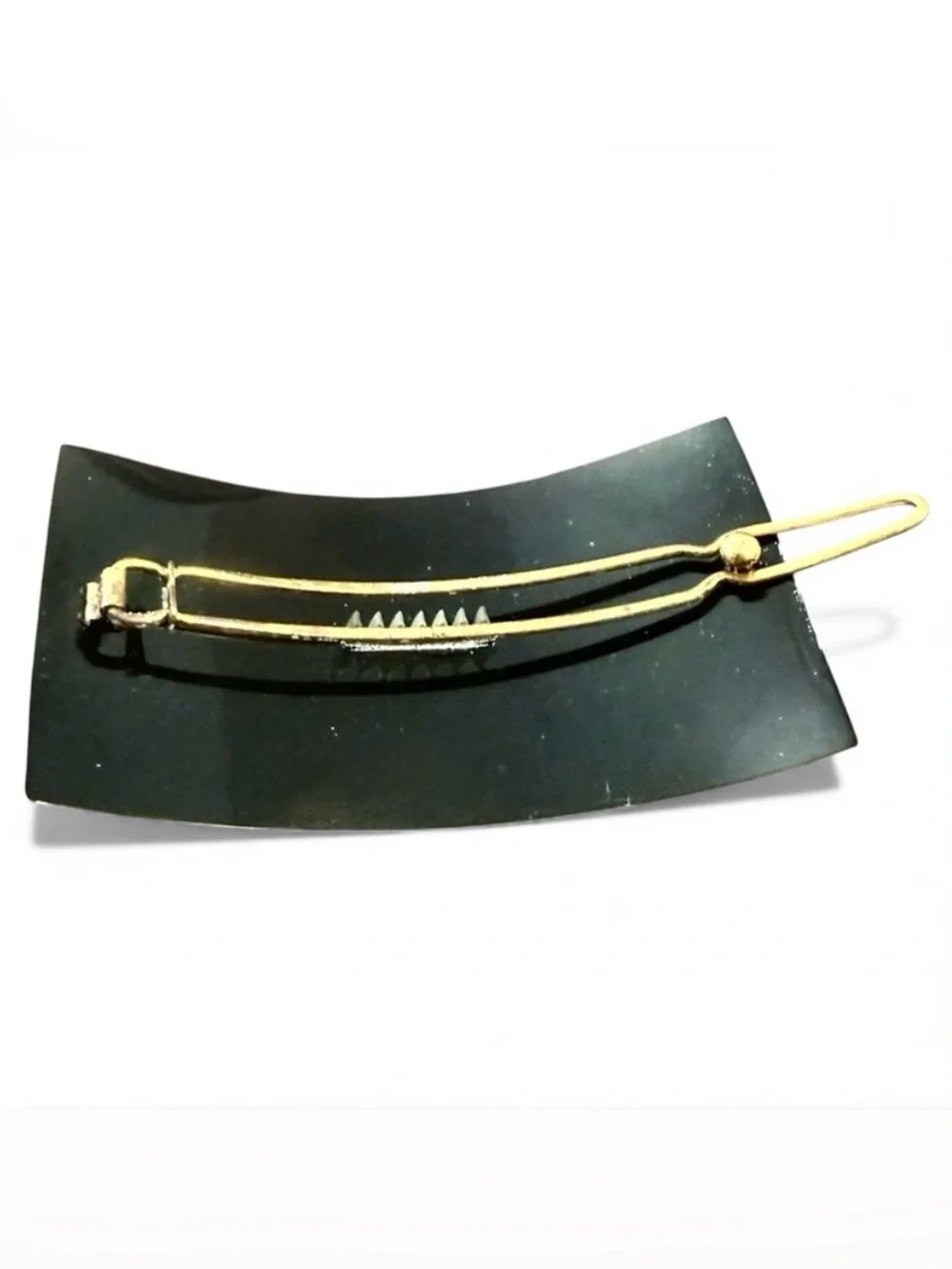 1950’s French Curved Hair Clip Barrette in Black & Gold, Wire Clasp, Unworn 2.5”